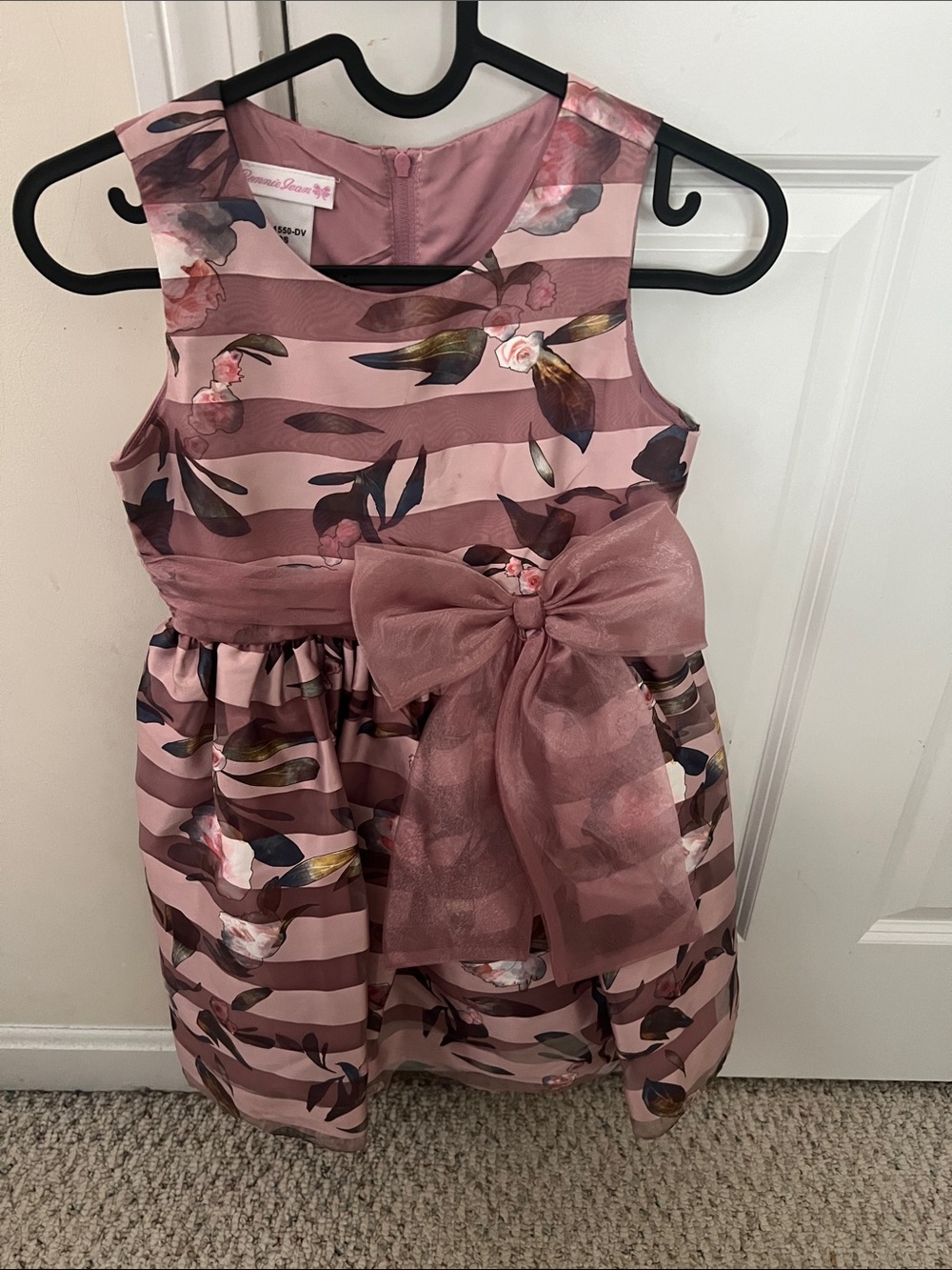 Bonnie Jean Dusty Rose Floral Stripe Dress with Organza Bow